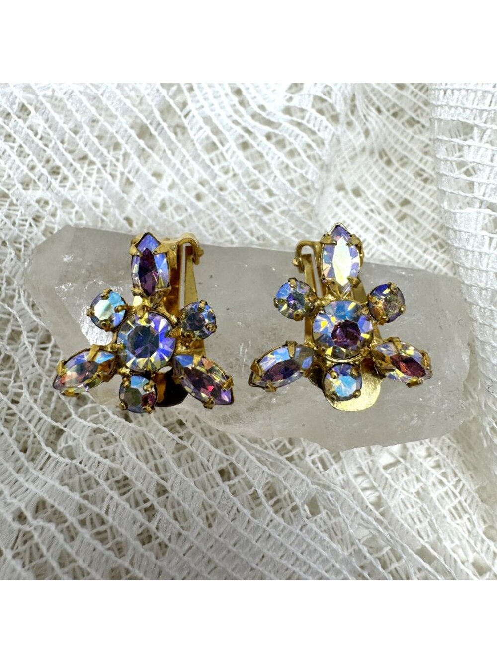Vintage Aurora Borealis Rhinestone Gold-Tone Clip-On Earrings